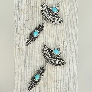 Bohemian Silver Feather Earrings with Turquoise Accents